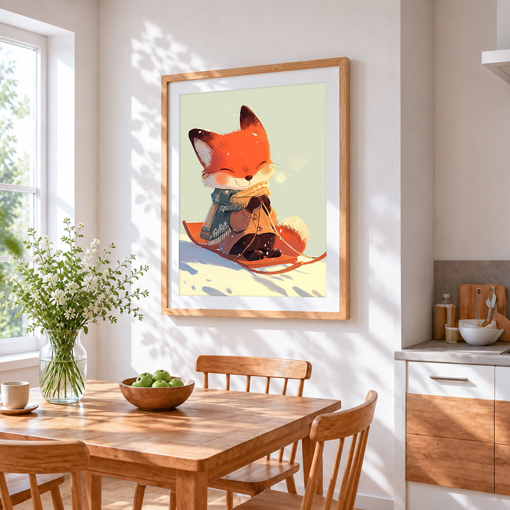 Cute fox on sledge cross stitch artwork displayed on wall as home decor