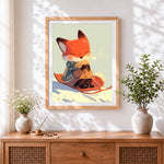 Finished cute fox on sledge paint by numbers artwork displayed as home decor