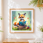 Finished cute fox reading a book cross stitch artwork displayed