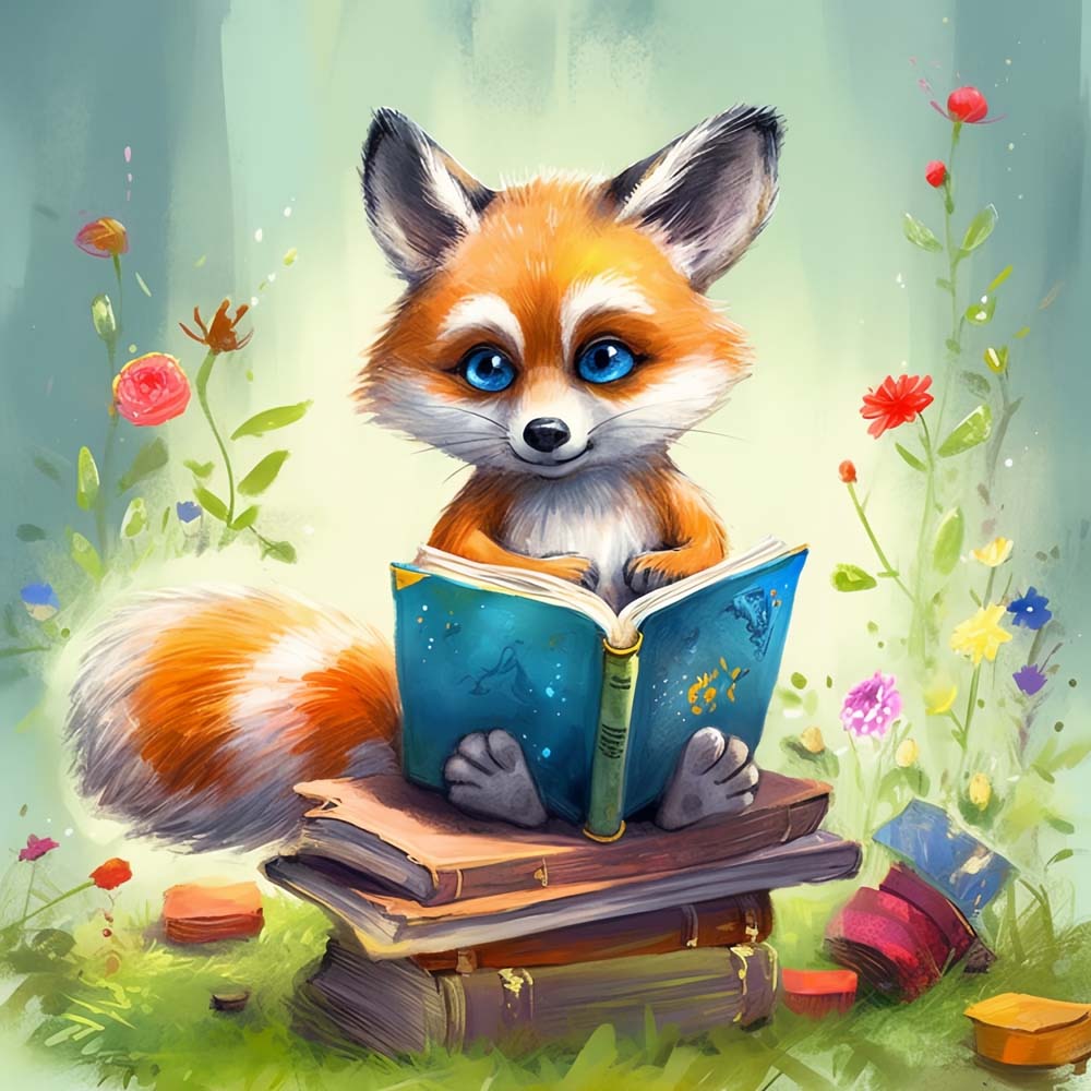 Cute fox reading a book cross stitch kit for beginners