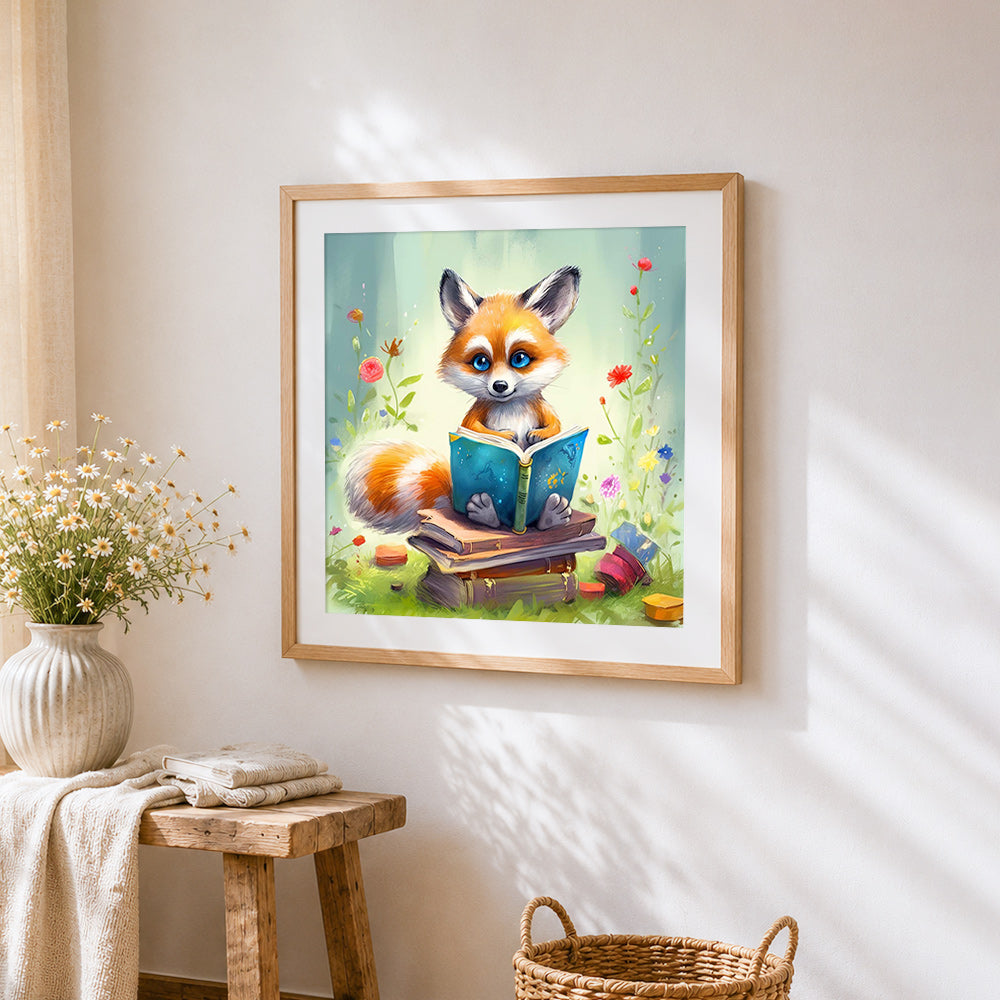 Cute fox reading a book cross stitch artwork displayed on wall as home decor