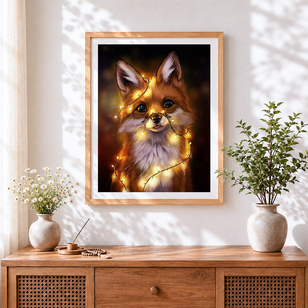 Finished cute fox with fairy lights cross stitch artwork displayed