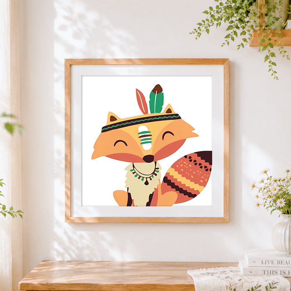 Finished cute fox with feather headdress cross stitch artwork displayed
