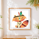 Finished cute fox with feather headdress cross stitch artwork displayed