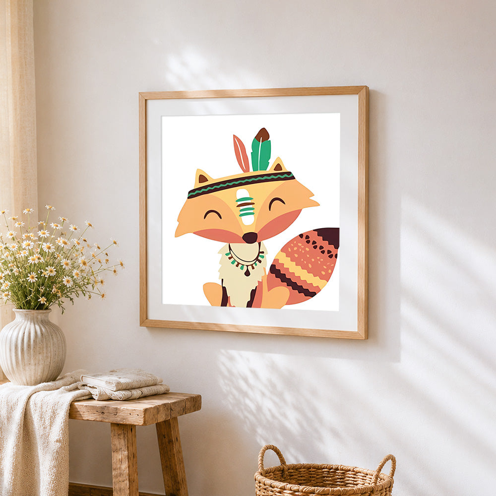 Cute fox with feather headdress cross stitch artwork displayed on wall as home decor