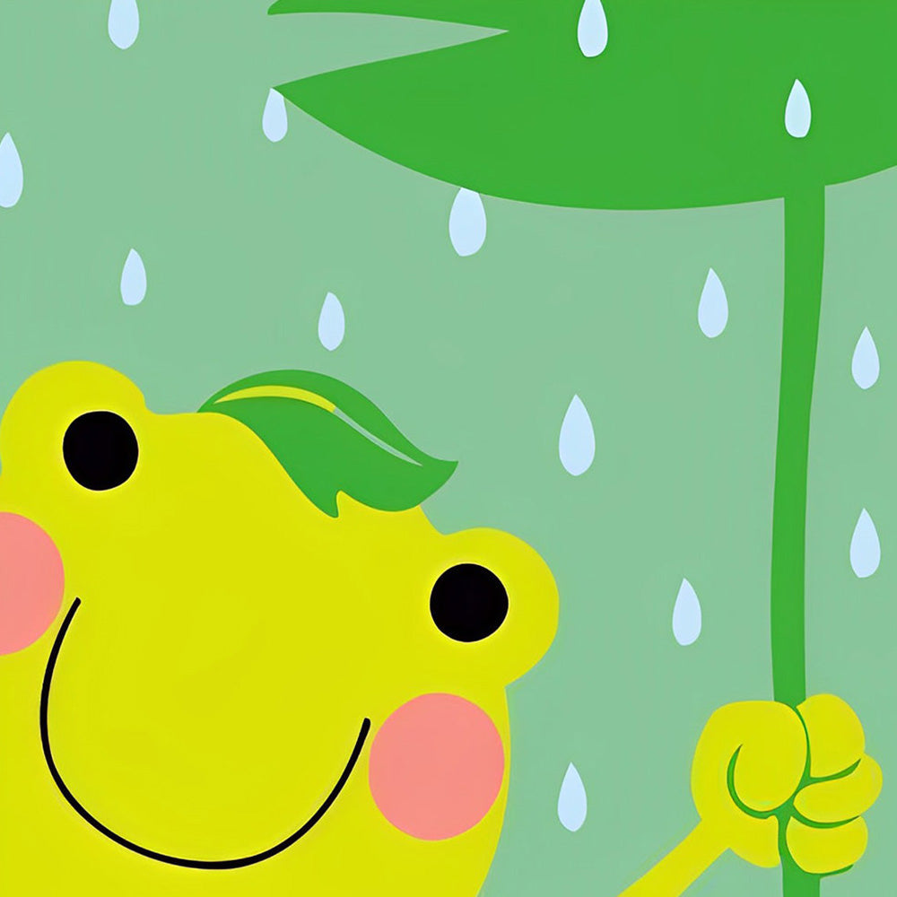 Cute frog holding leaf in rain cross stitch kit for beginners