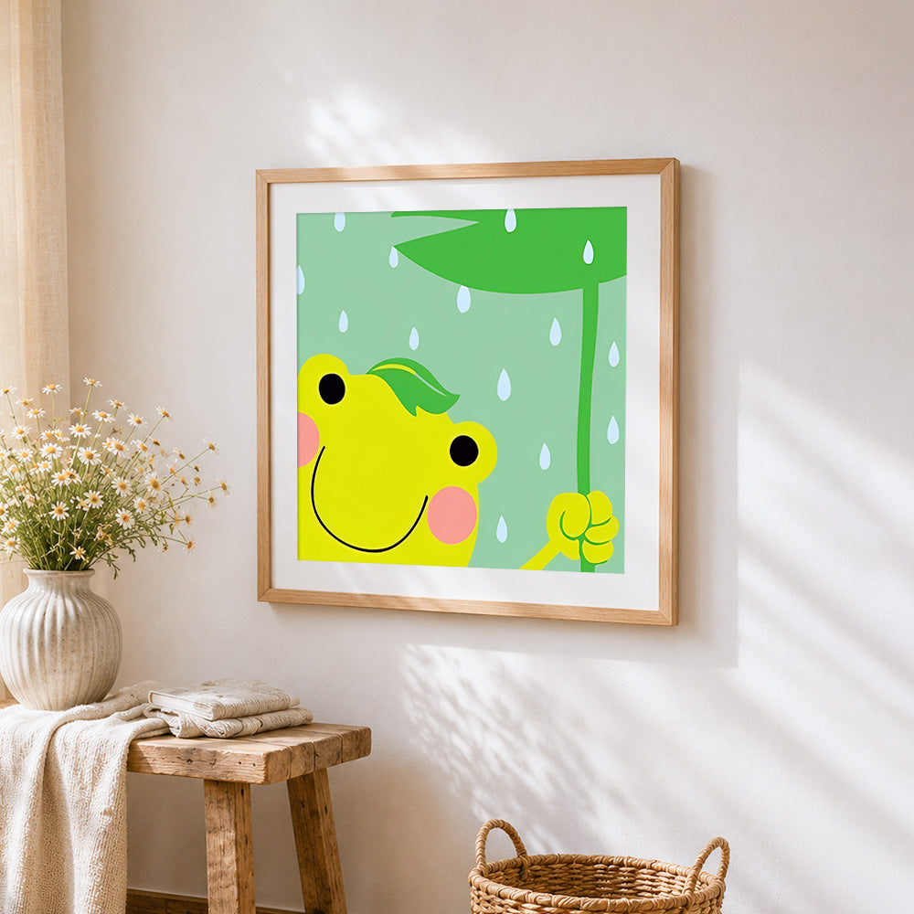 Cute frog holding leaf in rain cross stitch artwork displayed on wall as home decor