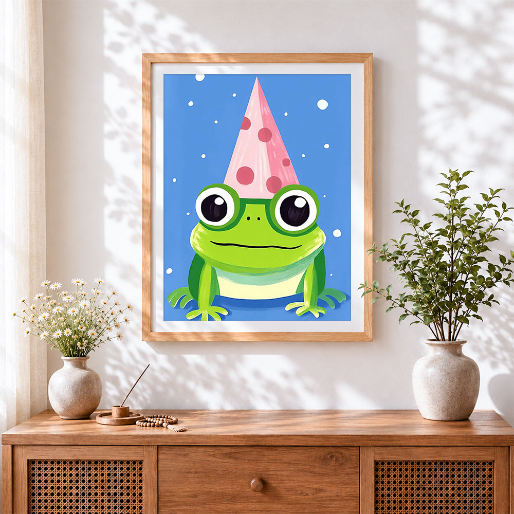 Finished cute frog in a party hat cross stitch artwork displayed