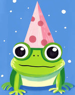Cute frog in a party hat cross stitch kit for beginners