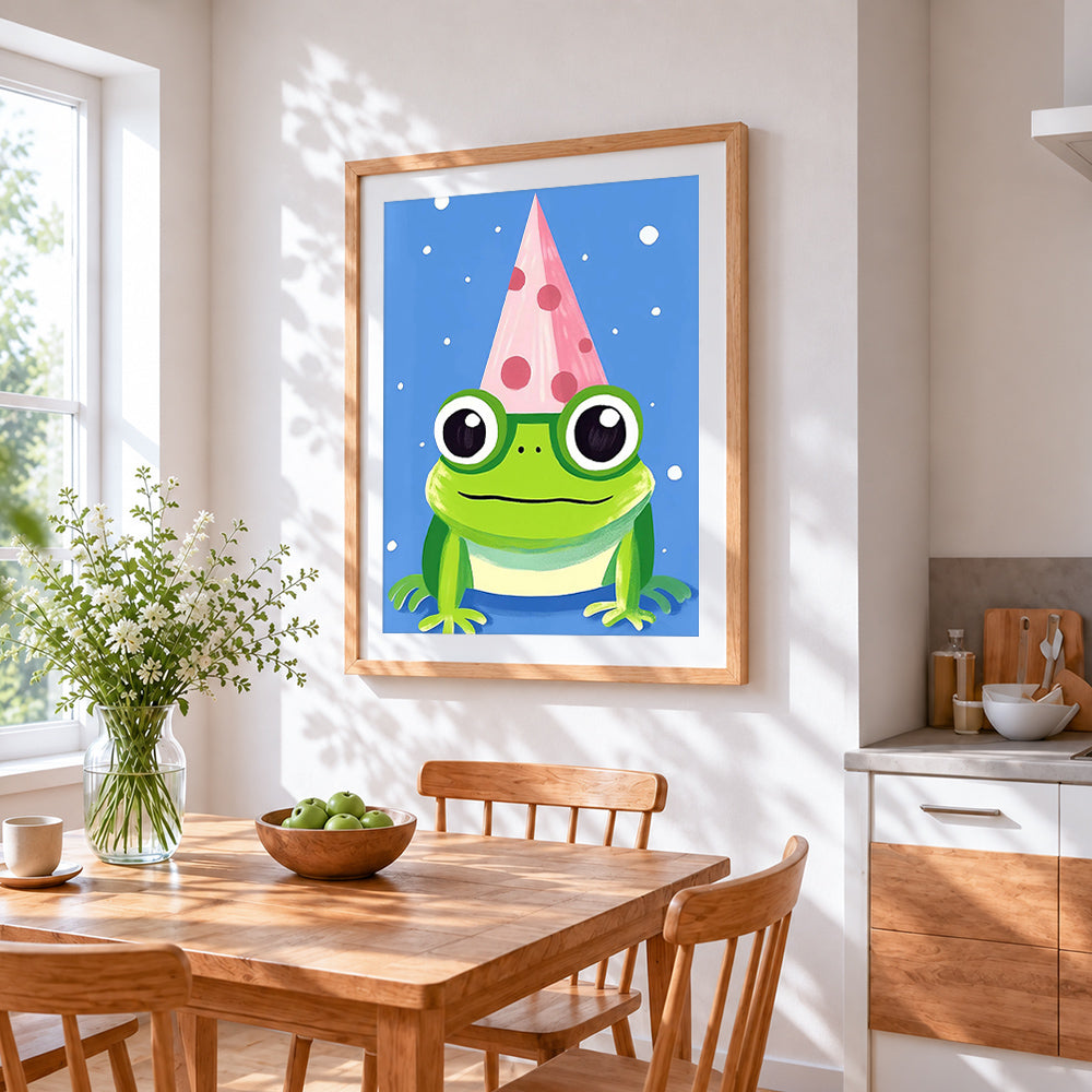 Cute frog in a party hat cross stitch artwork displayed on wall as home decor