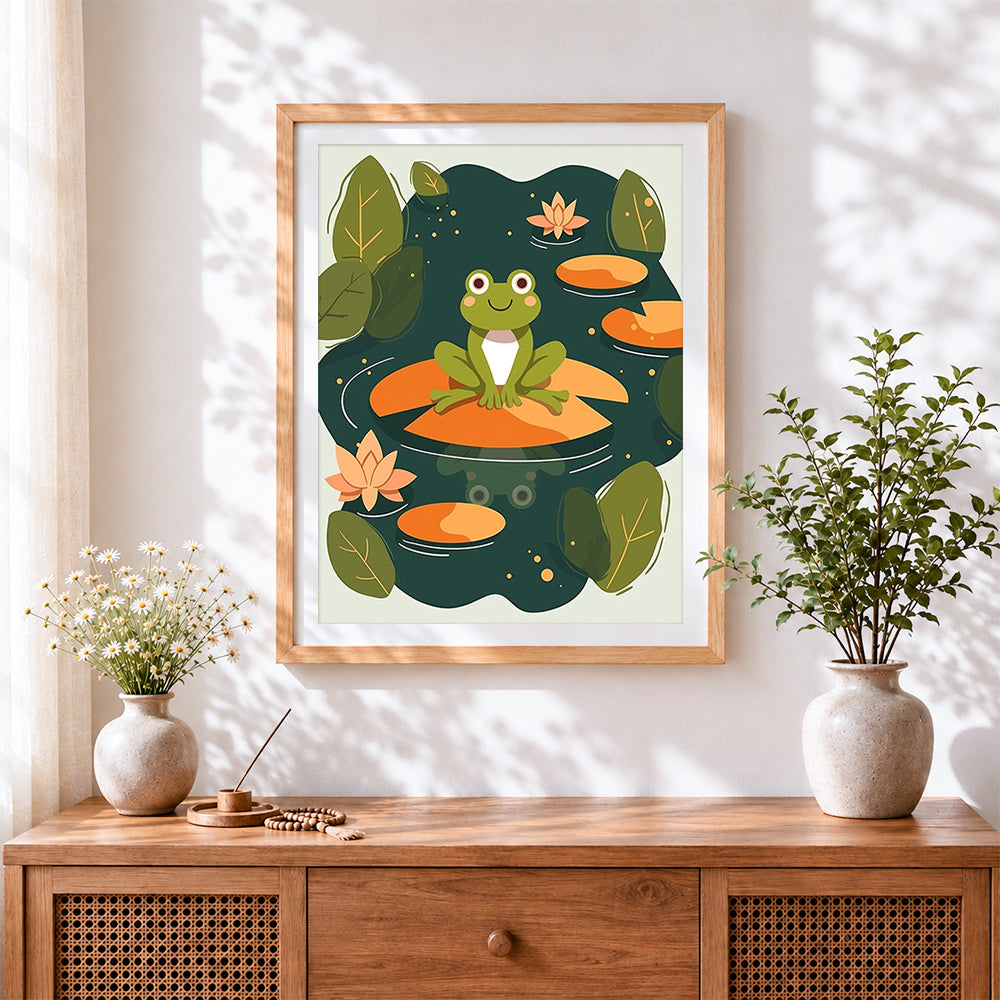 Finished cute frog on a lily pad cross stitch artwork displayed