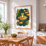 Cute frog on a lily pad cross stitch artwork displayed on wall as home decor