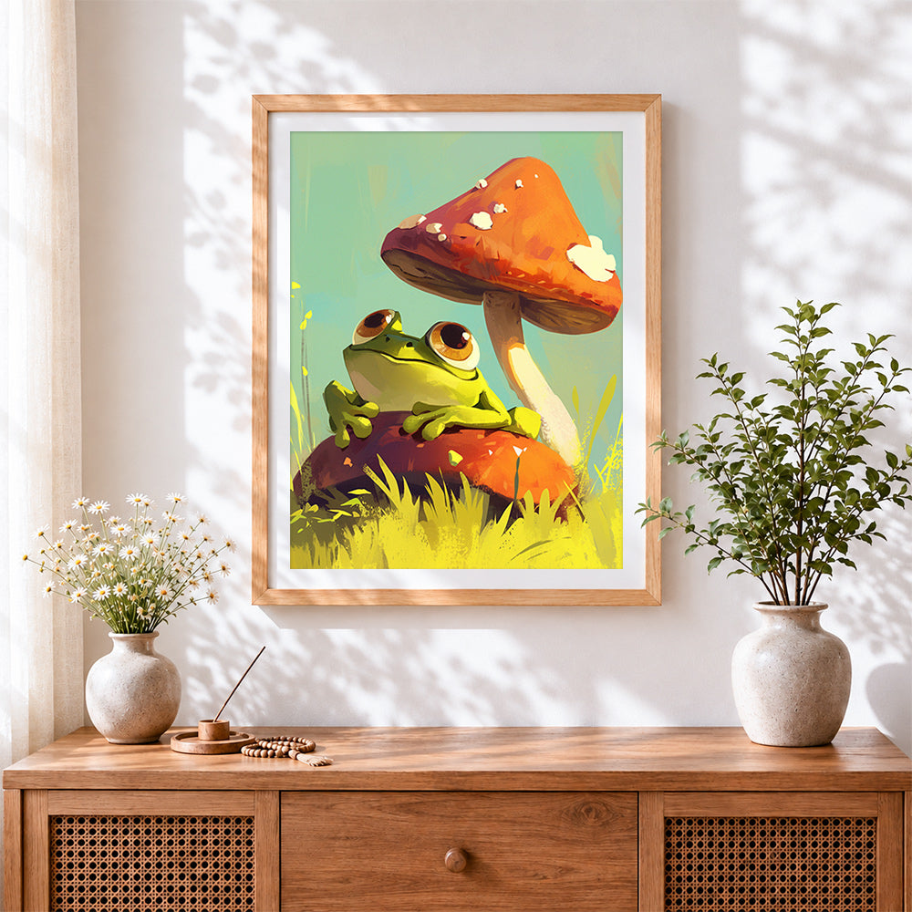 Finished cute frog on a toadstool cross stitch artwork displayed