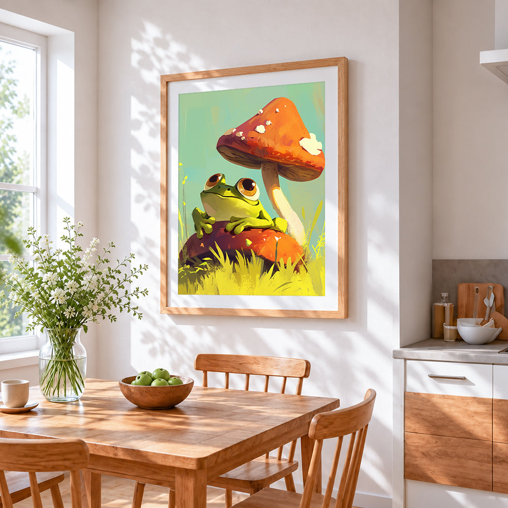 Cute frog on a toadstool cross stitch artwork displayed on wall as home decor