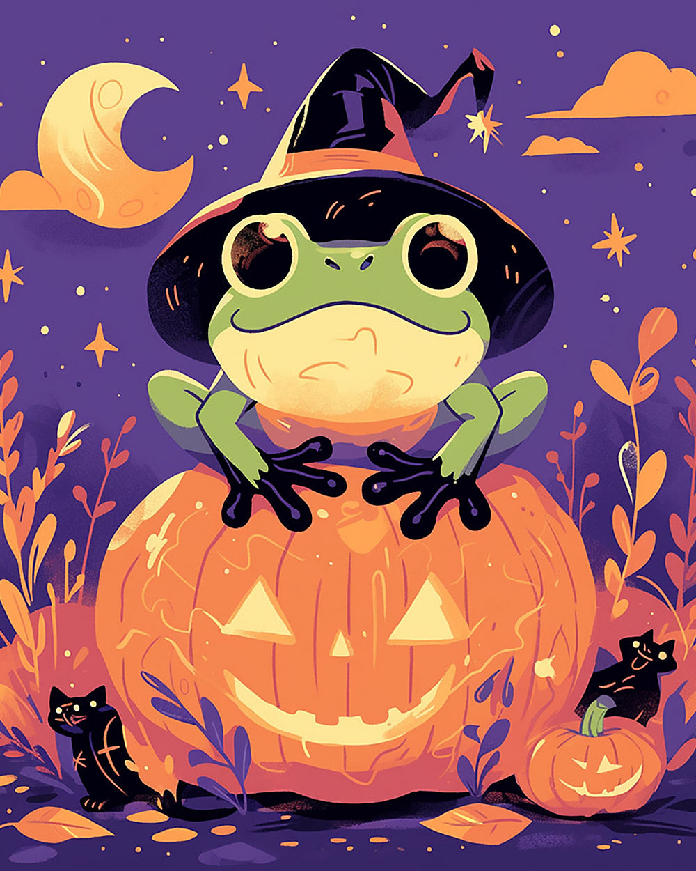 Cute frog on glowing pumpkin cross stitch kit for beginners