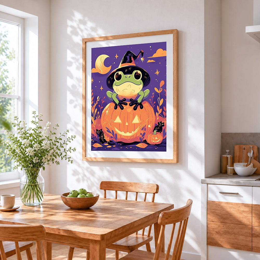 Cute frog on glowing pumpkin cross stitch artwork displayed on wall as home decor