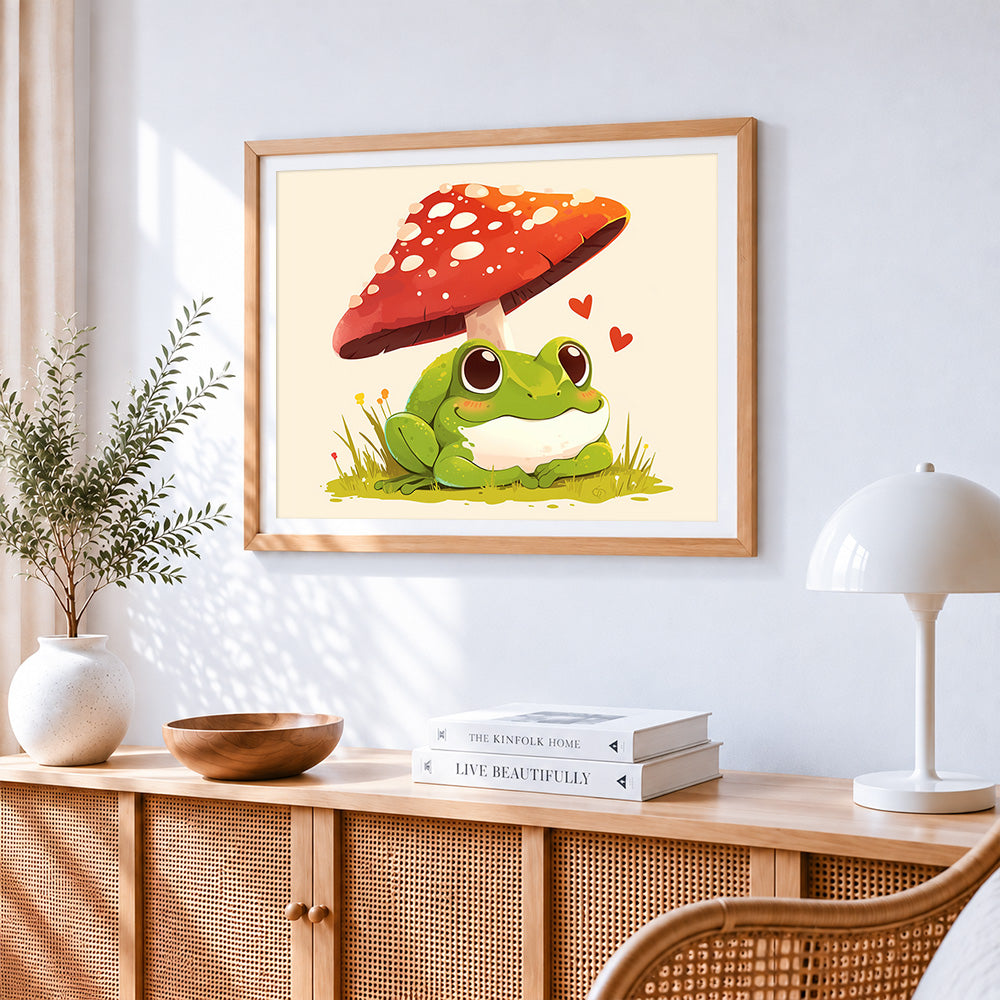 Cute frog under a mushroom cross stitch artwork displayed on wall as home decor