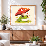 Finished cute frog under a mushroom paint by numbers artwork displayed as home decor