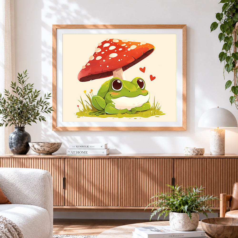 Finished cute frog under a mushroom paint by numbers artwork displayed as home decor