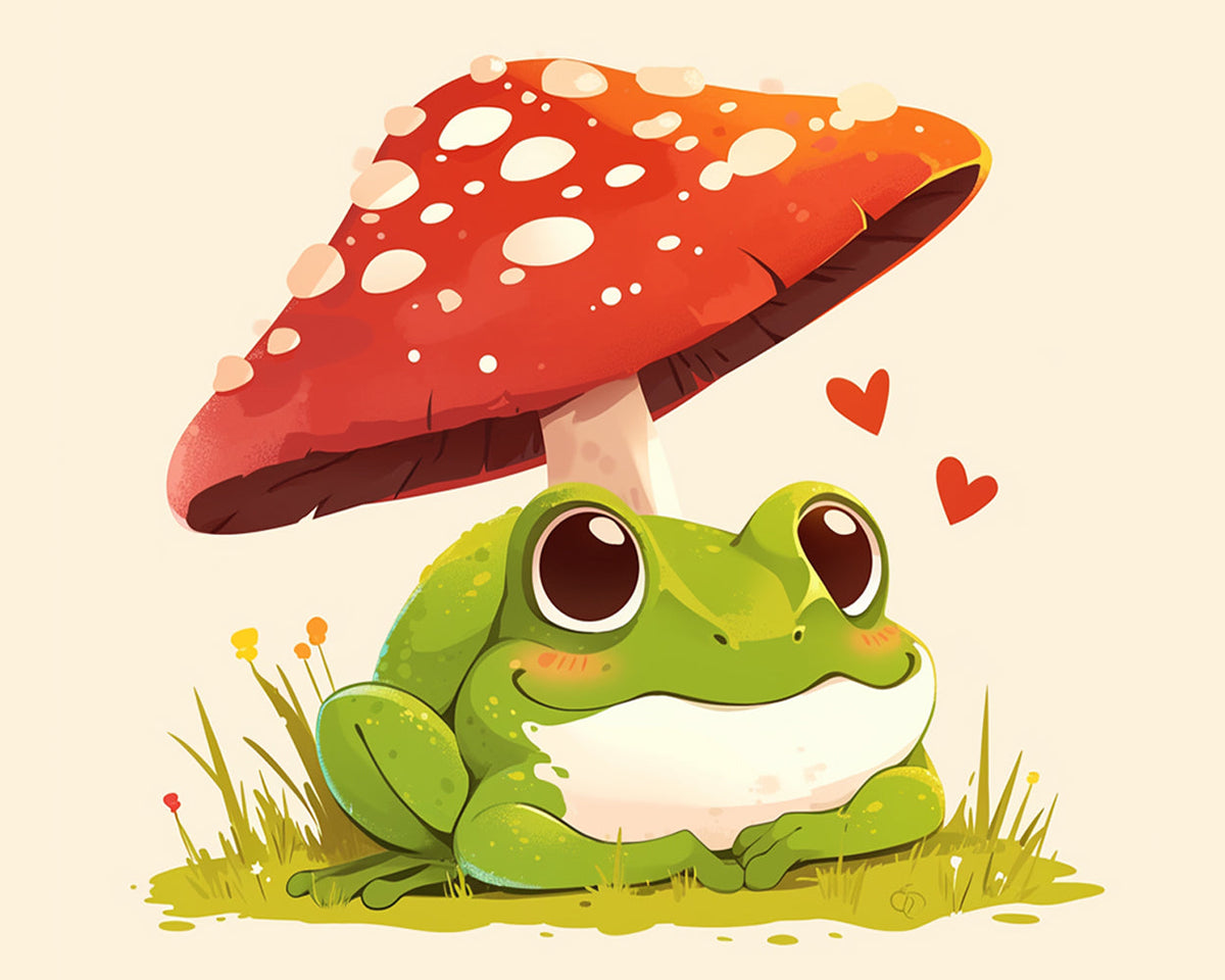 Cute frog under a mushroom paint by numbers kit for beginners