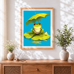 Finished cute frog with umbrella on a lily pad cross stitch artwork displayed