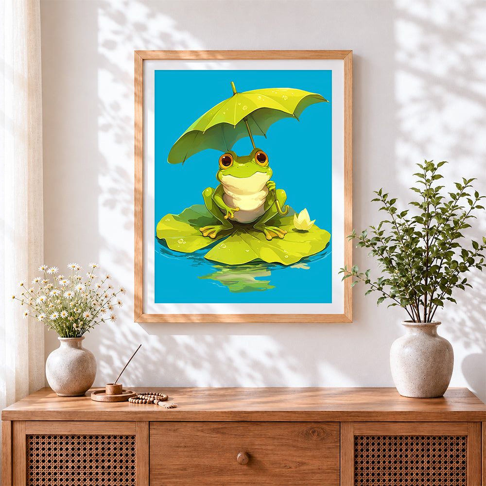 Finished cute frog with umbrella on a lily pad cross stitch artwork displayed