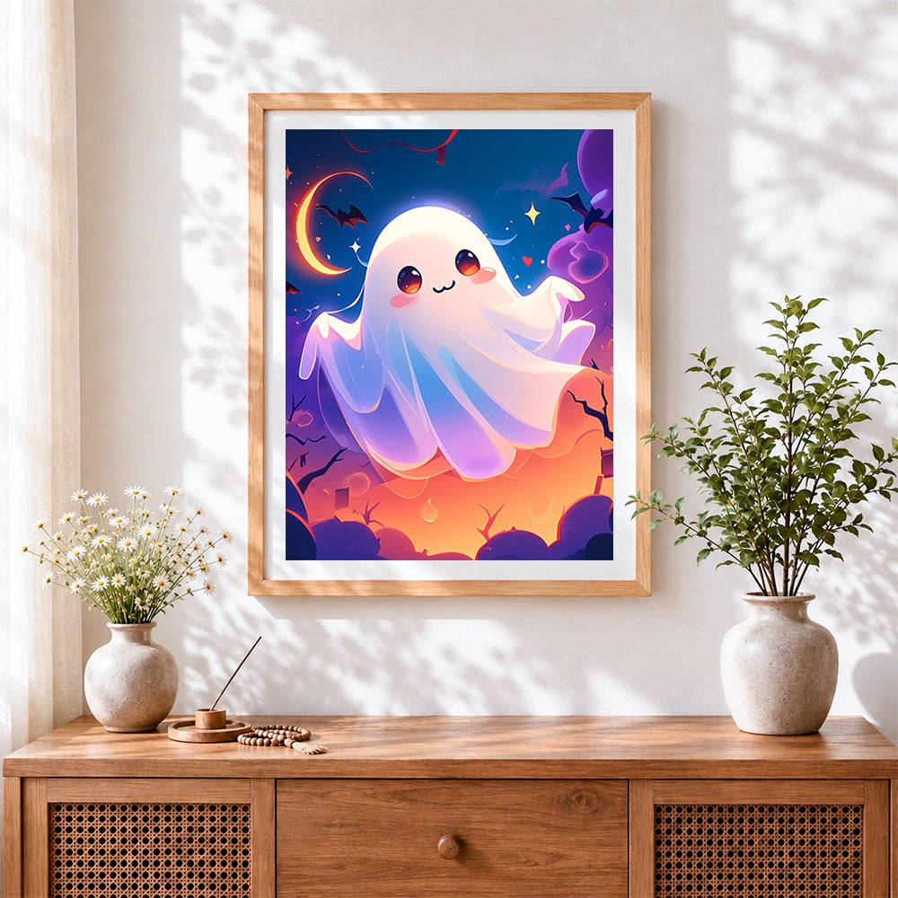 Finished cute ghost and crescent moon cross stitch artwork displayed