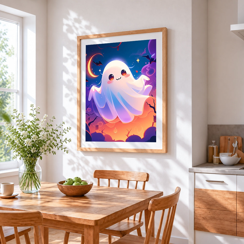 Cute ghost and crescent moon cross stitch artwork displayed on wall as home decor