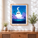 Finished cute ghost in graveyard cross stitch artwork displayed