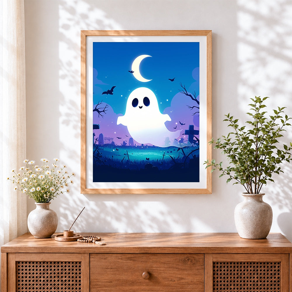 Finished cute ghost in graveyard cross stitch artwork displayed