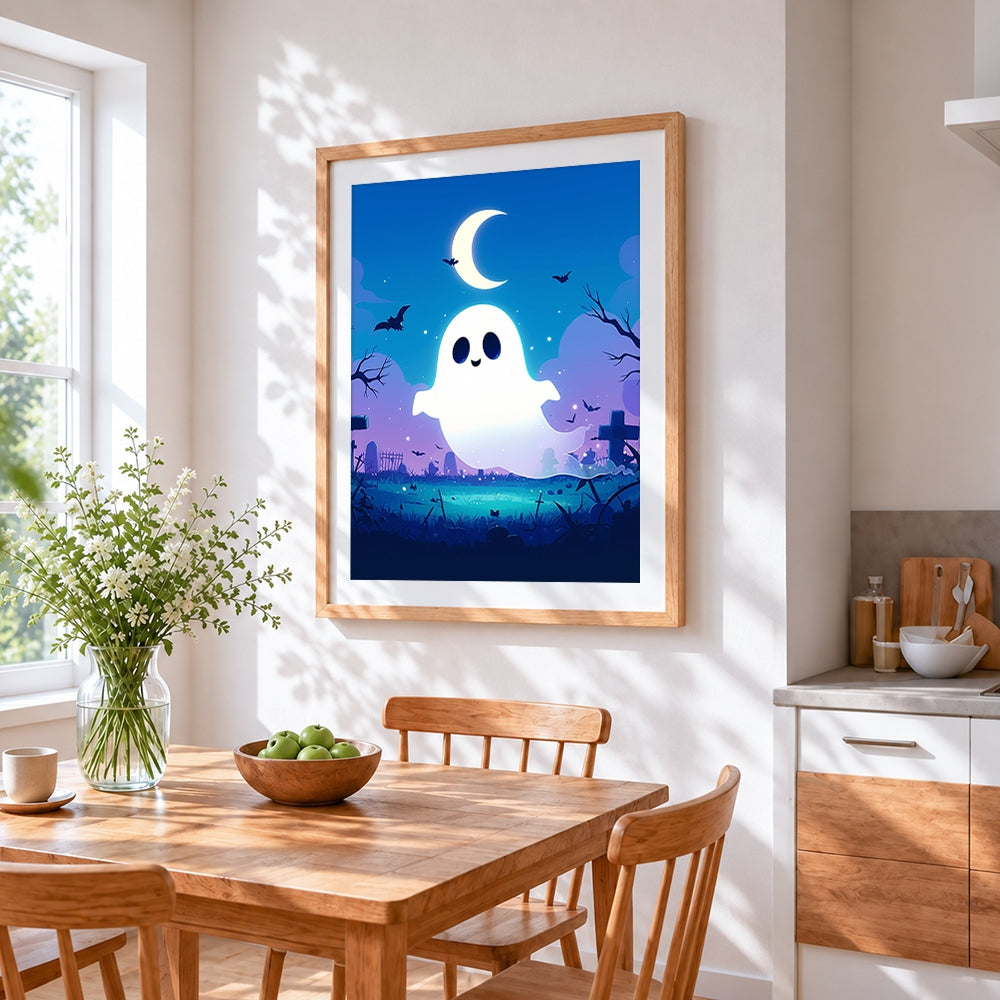Cute ghost in graveyard cross stitch artwork displayed on wall as home decor