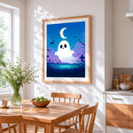 Cute ghost in graveyard cross stitch artwork displayed on wall as home decor