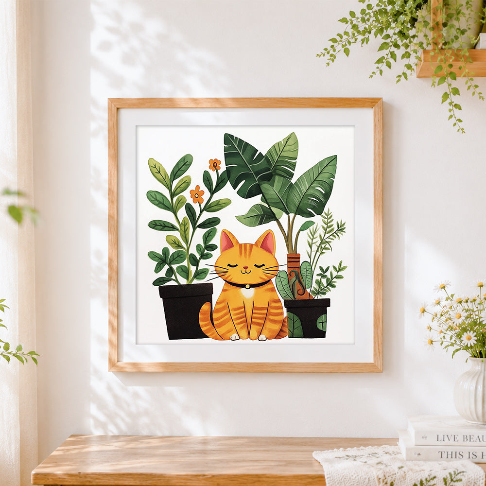 Finished cute ginger cat with potted houseplants cross stitch artwork displayed