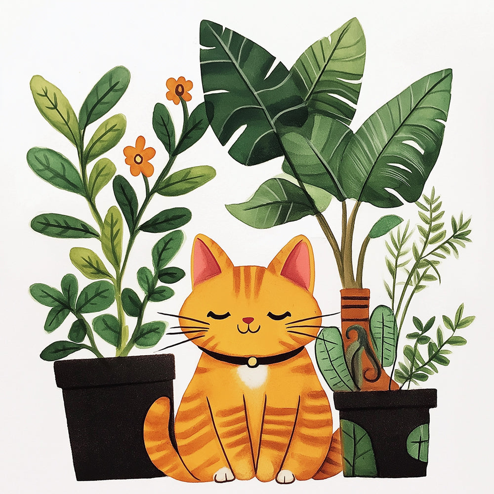 Cute ginger cat with potted houseplants cross stitch kit for beginners