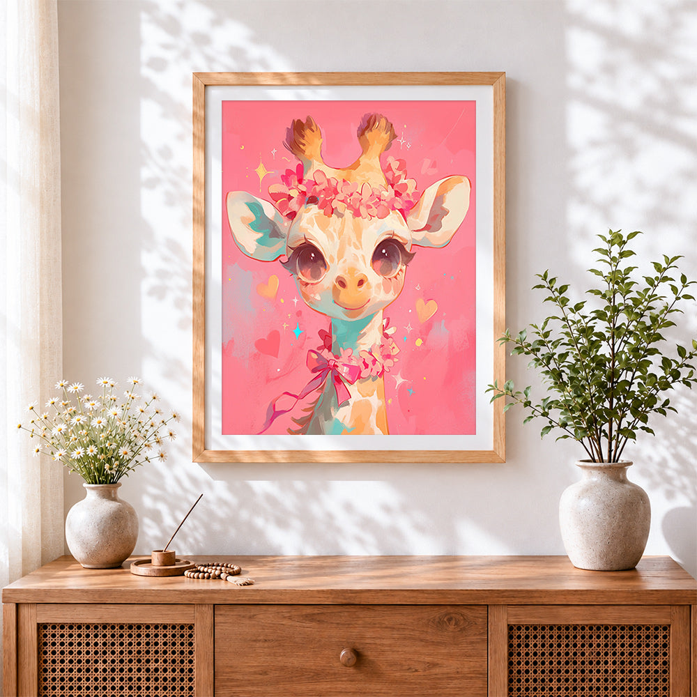 Finished cute giraffe with a pink floral crown cross stitch artwork displayed