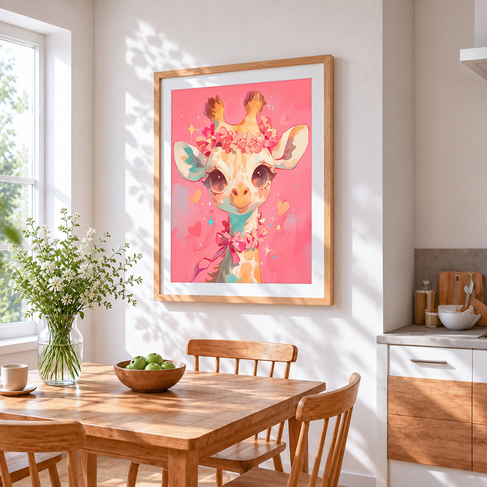 Cute giraffe with a pink floral crown cross stitch artwork displayed on wall as home decor