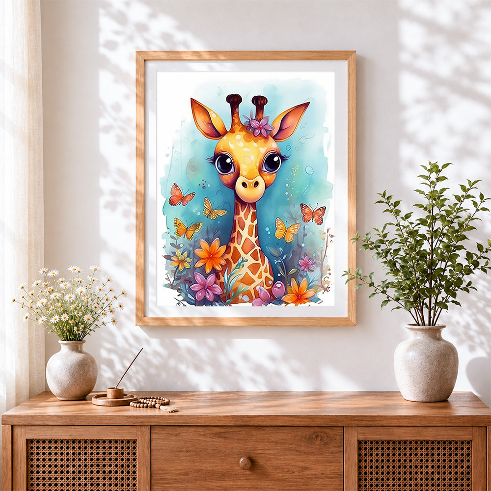 Finished cute giraffe with butterflies and flowers cross stitch artwork displayed