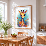 Cute giraffe with butterflies and flowers cross stitch artwork displayed on wall as home decor