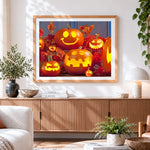 Finished cute glowing jacko lanterns paint by numbers artwork displayed as home decor