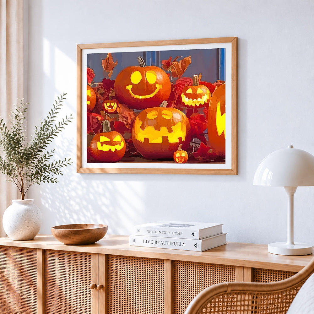 Cute glowing jacko lanterns paint by numbers artwork displayed on wall as home decor