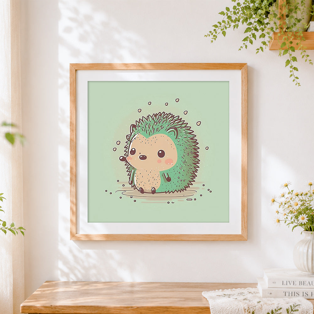 Finished cute green hedgehog cross stitch artwork displayed
