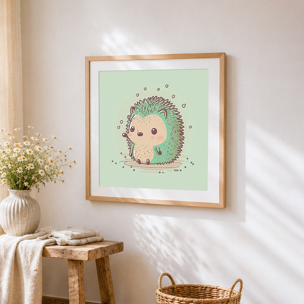 Cute green hedgehog cross stitch artwork displayed on wall as home decor
