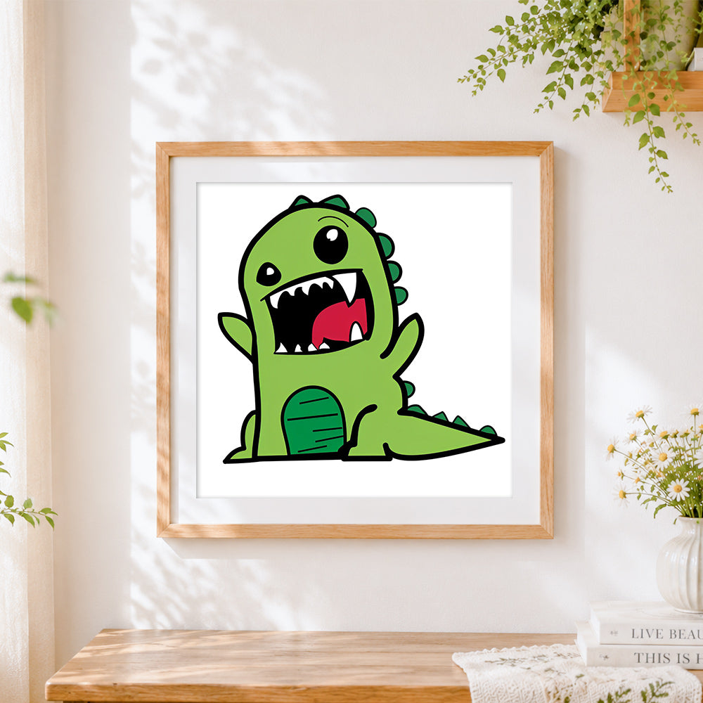 Finished cute green monster dinosaur cross stitch artwork displayed