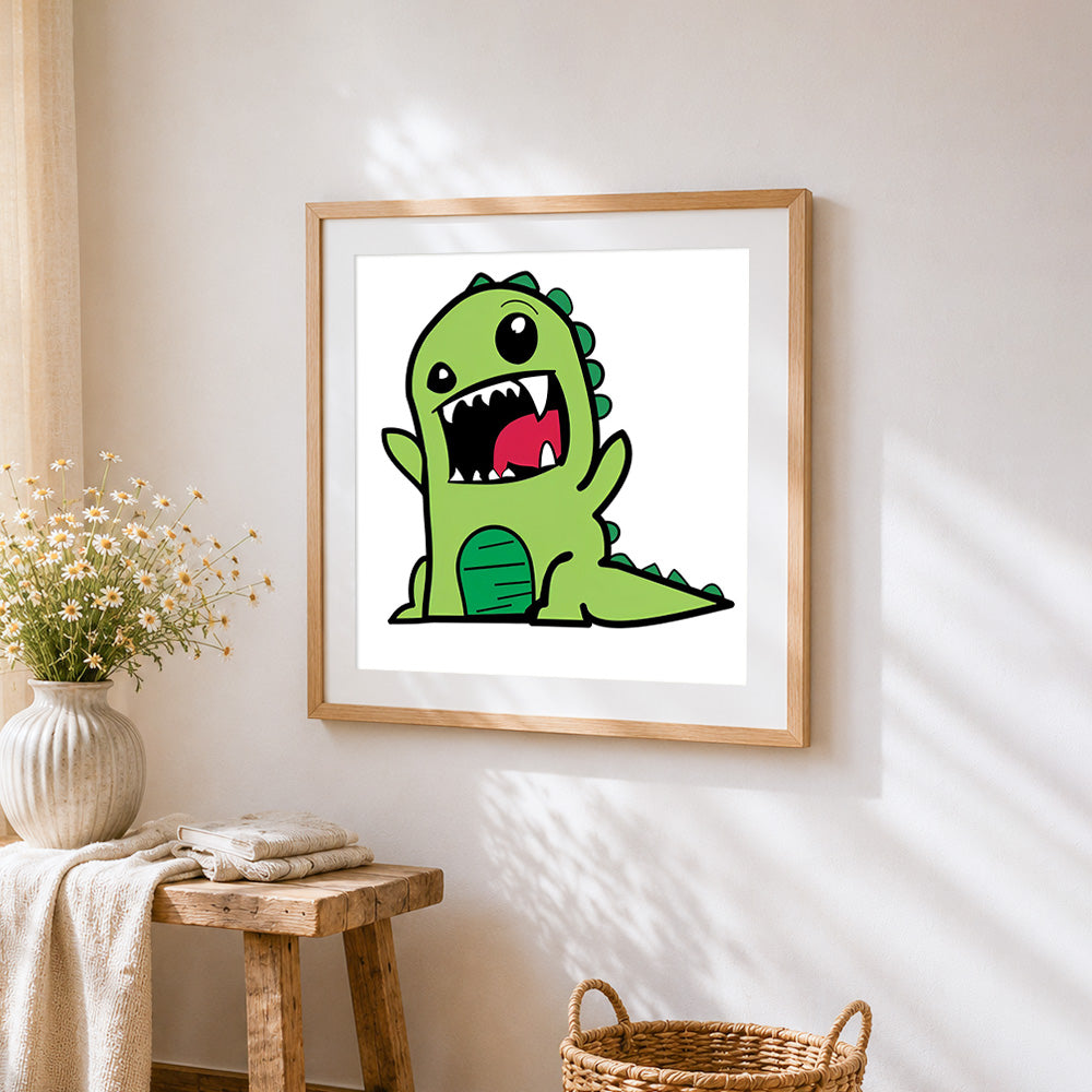 Cute green monster dinosaur cross stitch artwork displayed on wall as home decor
