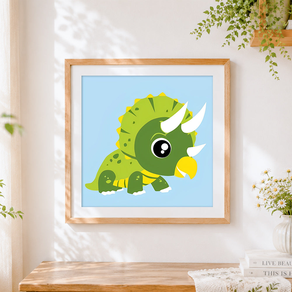 Finished cute green triceratops dinosaur cross stitch artwork displayed