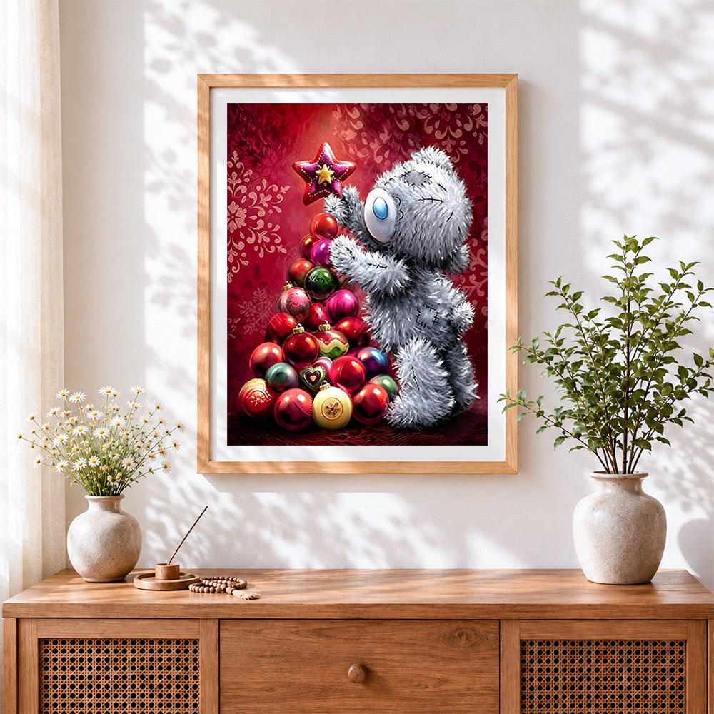 Finished cute grey bear decorating a bauble christmas tree cross stitch artwork displayed