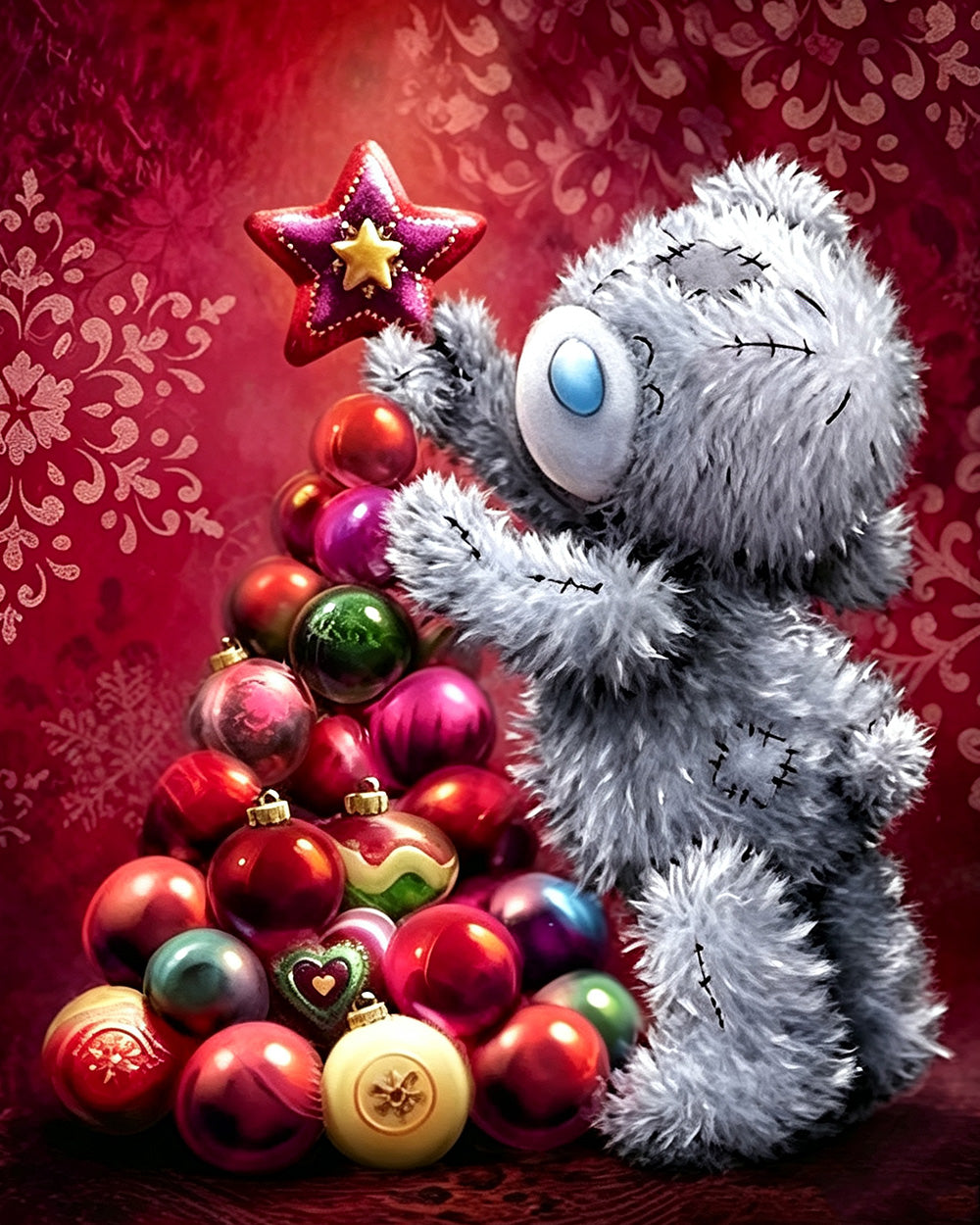 Cute grey bear decorating a bauble christmas tree cross stitch kit for beginners