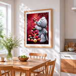 Cute grey bear decorating a bauble christmas tree cross stitch artwork displayed on wall as home decor