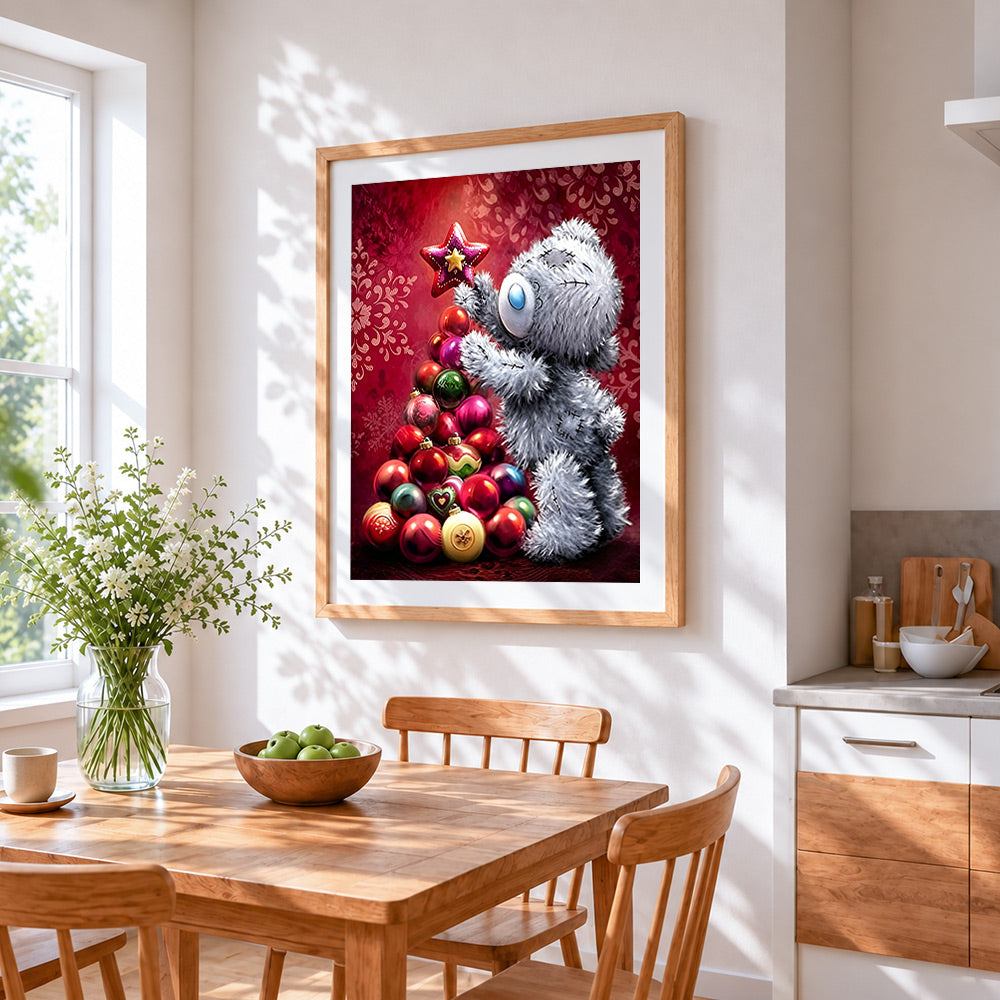 Cute grey bear decorating a bauble christmas tree cross stitch artwork displayed on wall as home decor