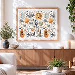 Finished cute halloween pattern cross stitch artwork displayed